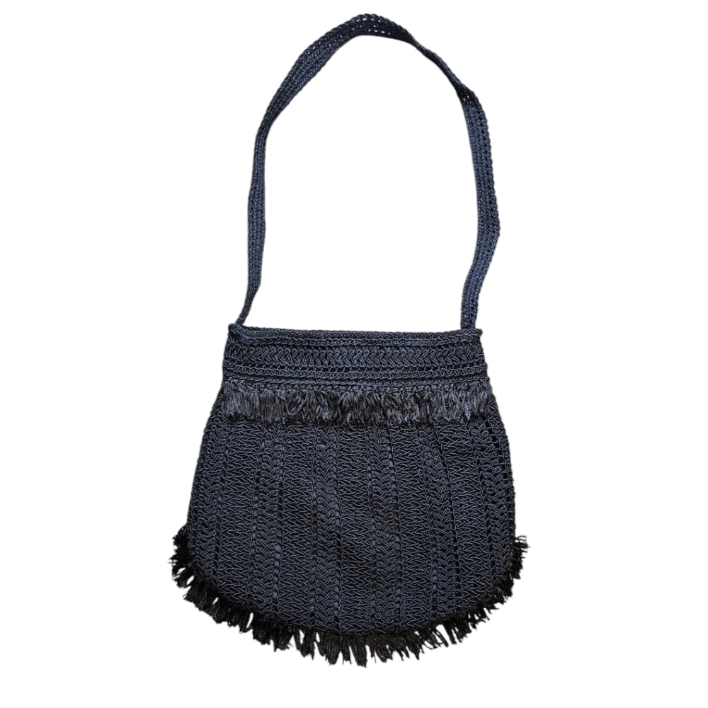 VTG Black Crochet Purse Handmade Fringe Festival Bag Boho Chic